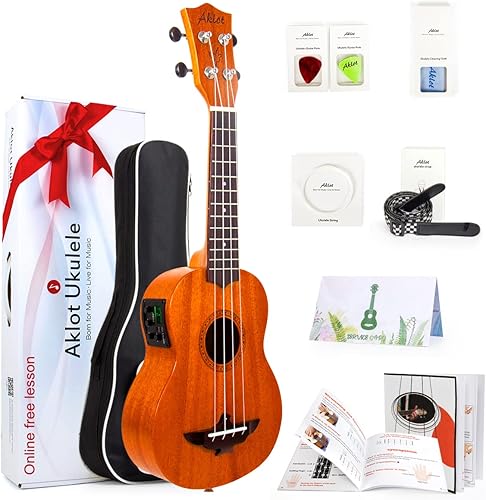 Vista 9 de Aklot - Ukelele de caoba maciza para principiantes, incluye cursos en línea y accesorios para ukelele acústico