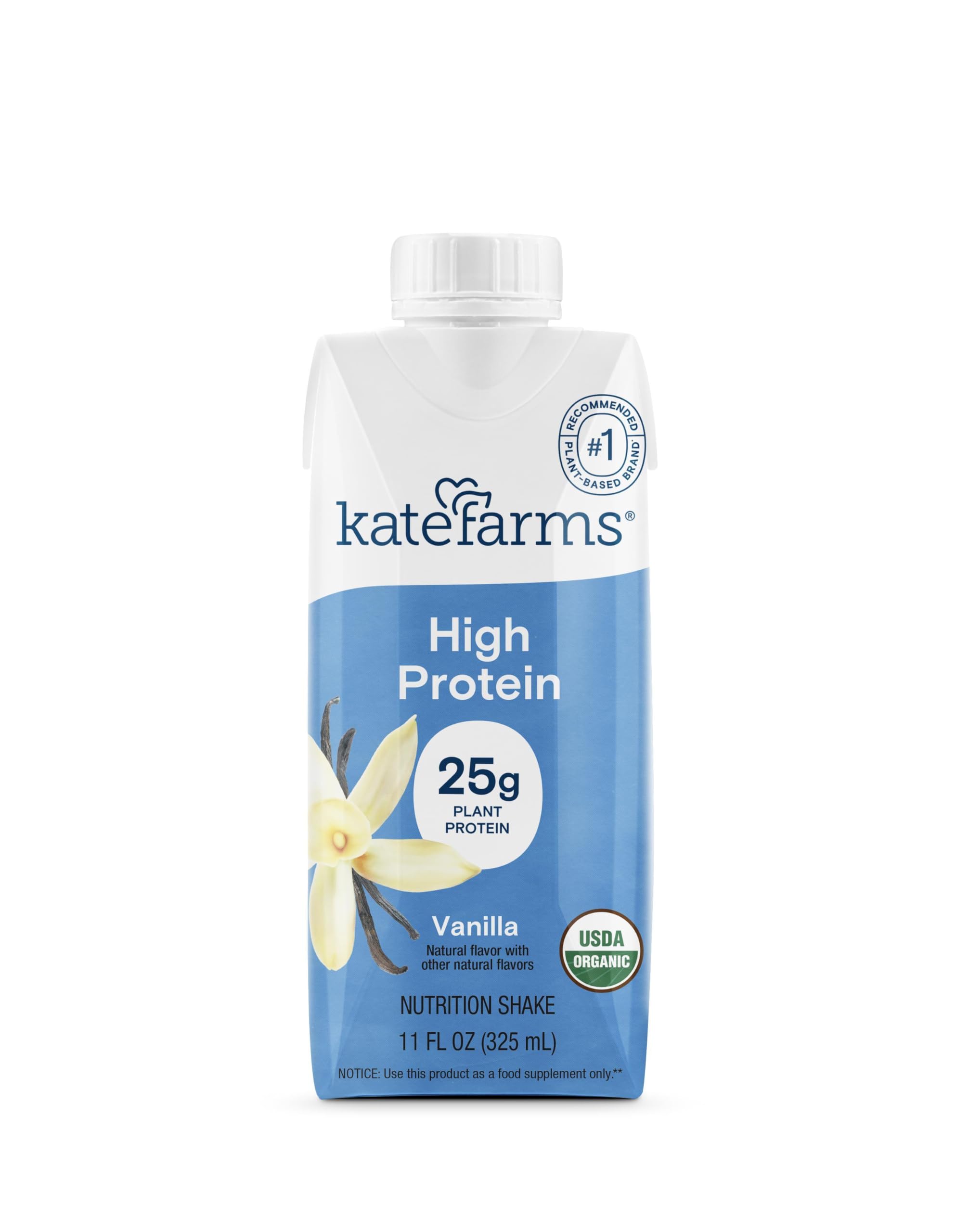 KATE FARMS Organic High Protein Vanilla Nutrition Shake, 25g Protein, 6g Fiber, 27 Vitamins and Minerals, 0g Sugar, Protein Drink, 11 oz Bottle