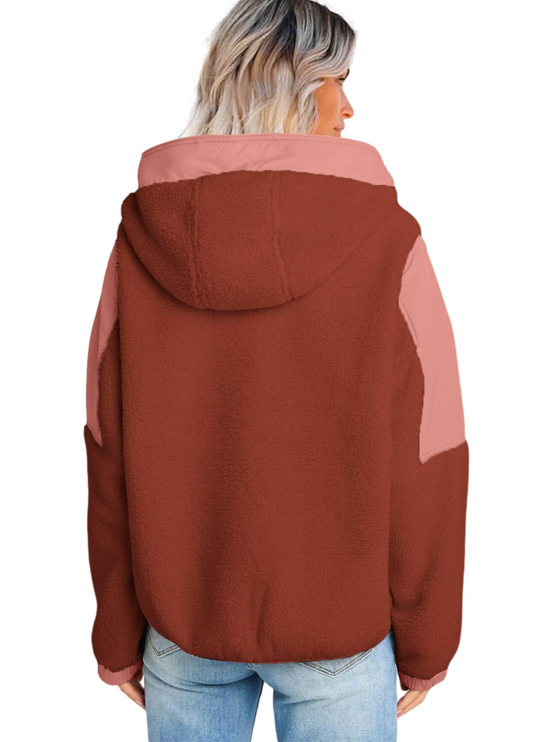 Panadila Womens Half Zip Pullover with Pockets Sherpa Hoodie Oversized Hooded Sweatshirt Warm Fleece Jackets(Brick Red,L)