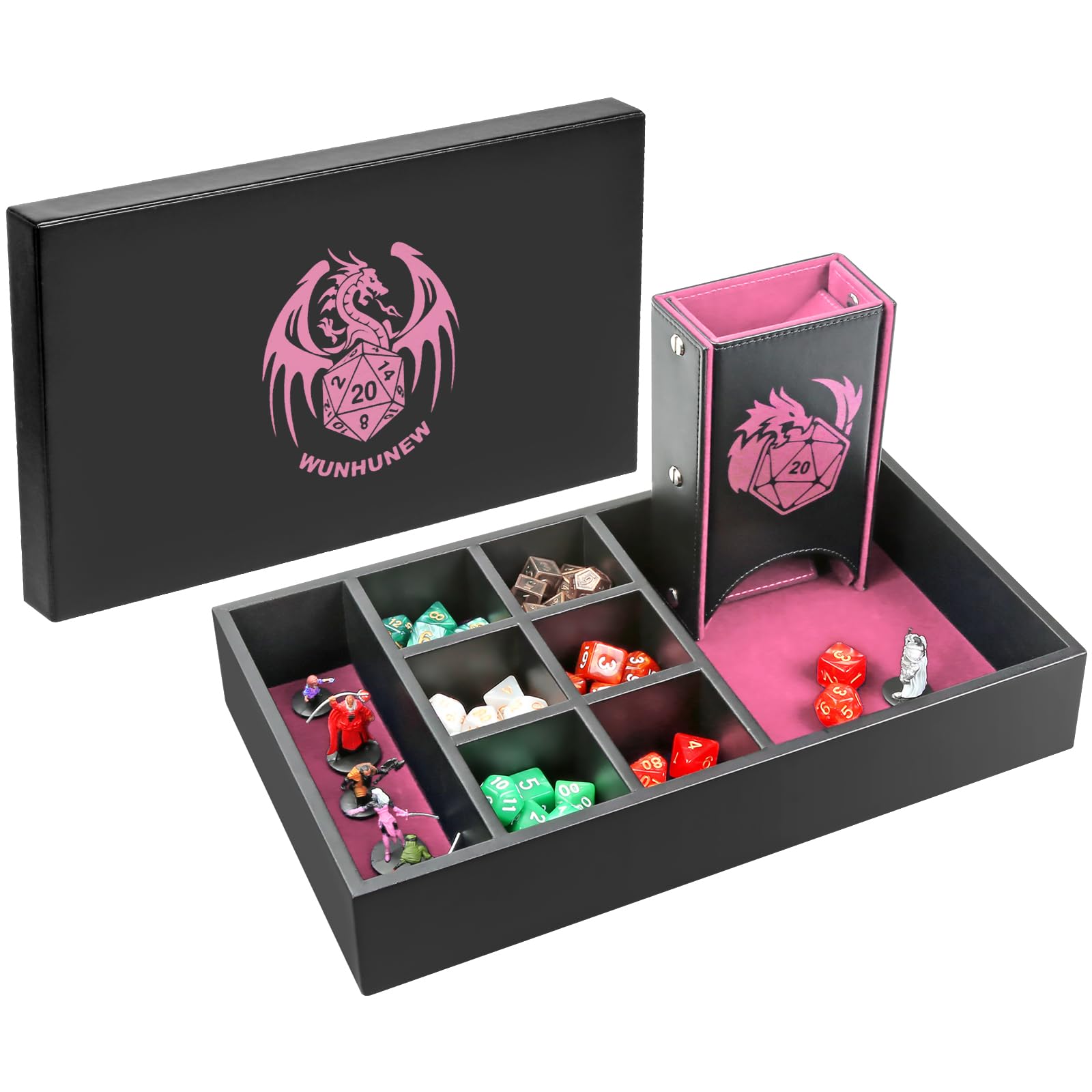 DND Dice Tray & Tower Storage Box, 4 in 1 D&D Dice Holder Case (Dice Rolling Tray, Dice Roller Tower, Dice & Miniature Storage), Great RPG Accessories Gifts for Dungeons and Dragons MTG DM & Player