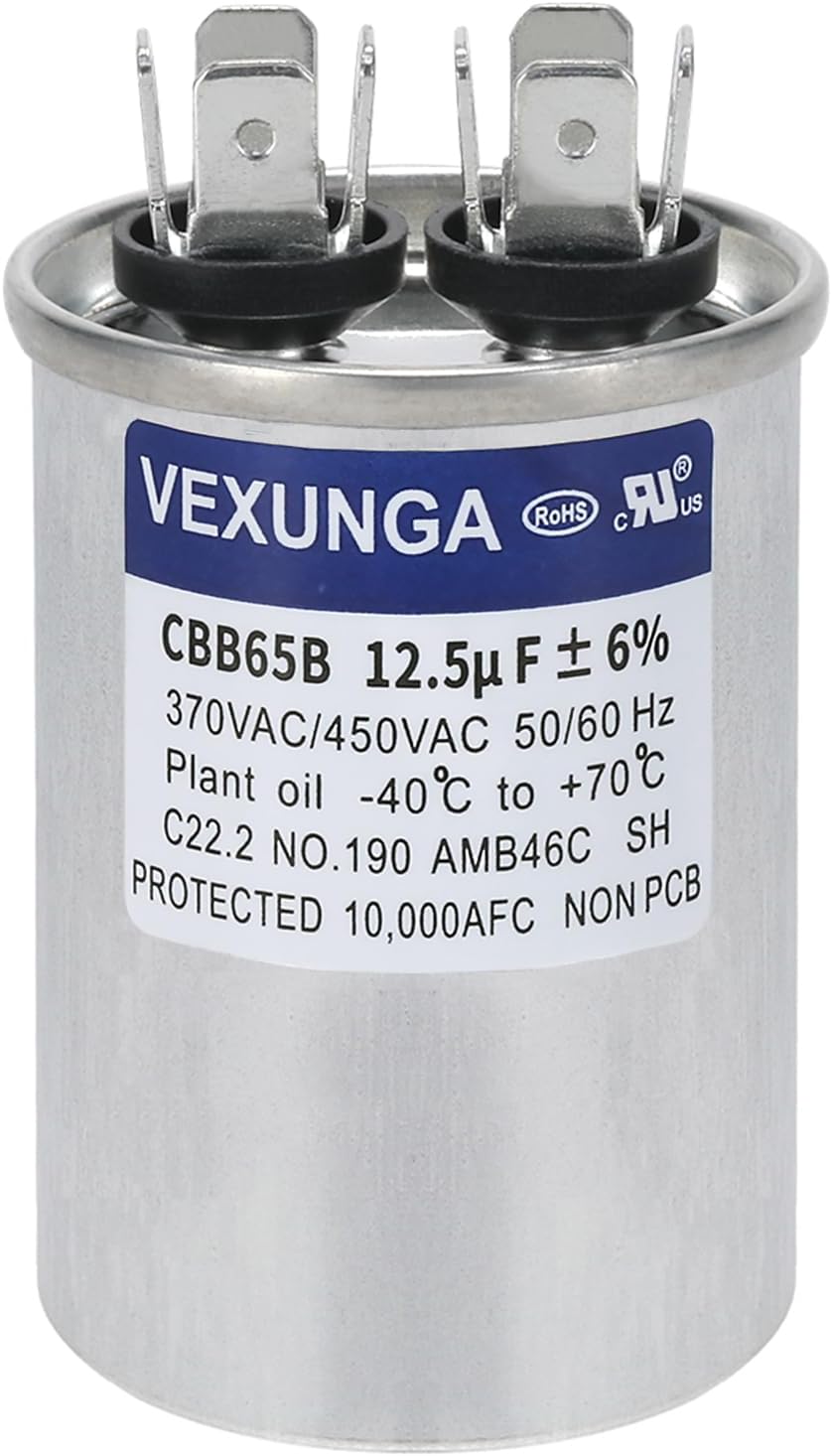 VEXUNGA 12.5uF 12.5 MFD 370VAC 440VAC 450VAC 50/60Hz CBB65B Round Run Start Capacitor for AC Unit Fan Motor Start or Pool Pump or Air Condenser Straight Cool