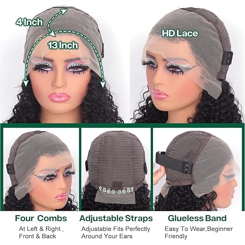 Miniatura 46 de Caijuxing Pelucas de cabello humano ondulado profundo con encaje frontal transparente HD de 13 x 4 de densidad 200, pelucas de cabello humano