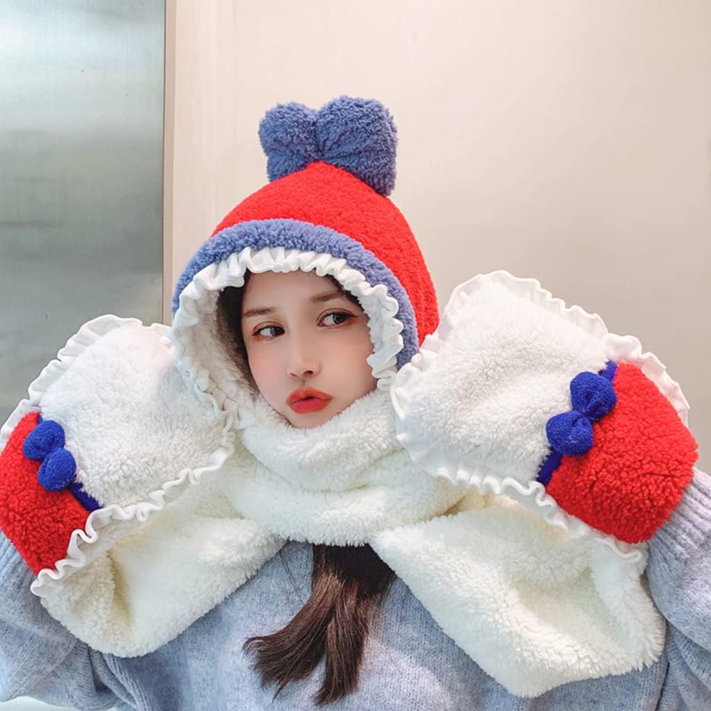 Scarf,Scarf Plush Scarf Hooded Hat Bows Winter Hat Scarf Gloves Set Fleece Warm Windproof Cap for Head Warmer Fleece Scarf(Purple)