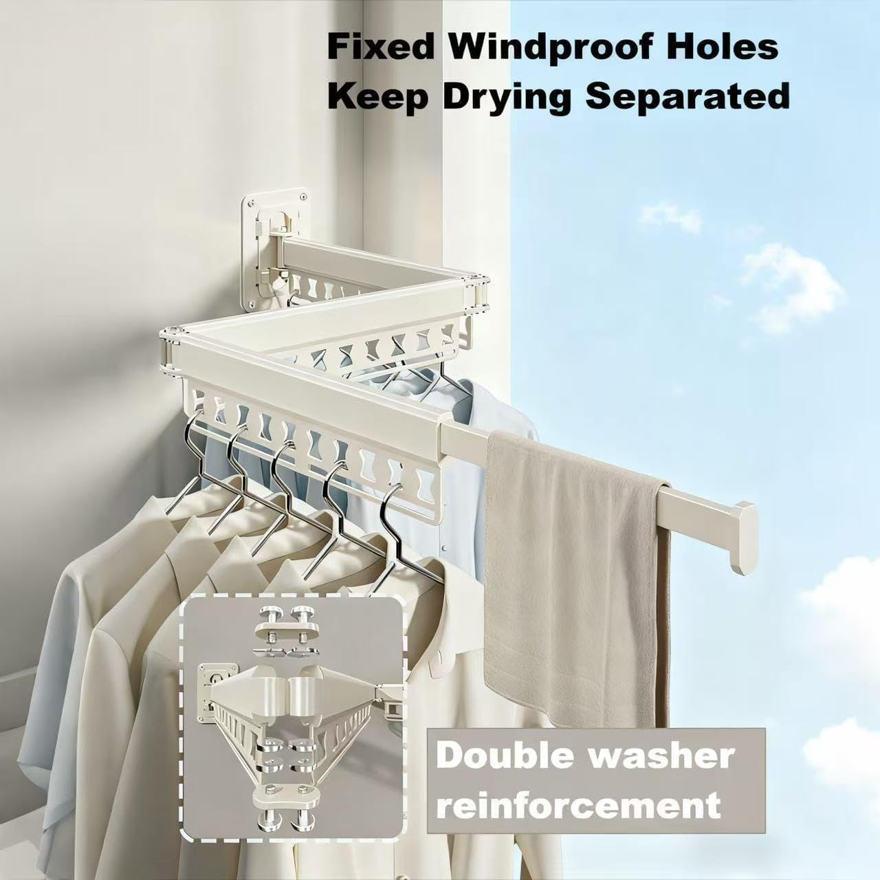 Clothes Drying Rack Wall-Mounted, 3-Fold Retractable Clothes Hanger with Windproof Holes & Detachable Design, Sturdy Foldable Laundry Rack for Balcony, Bathroom Use (Gunmetal Gray)