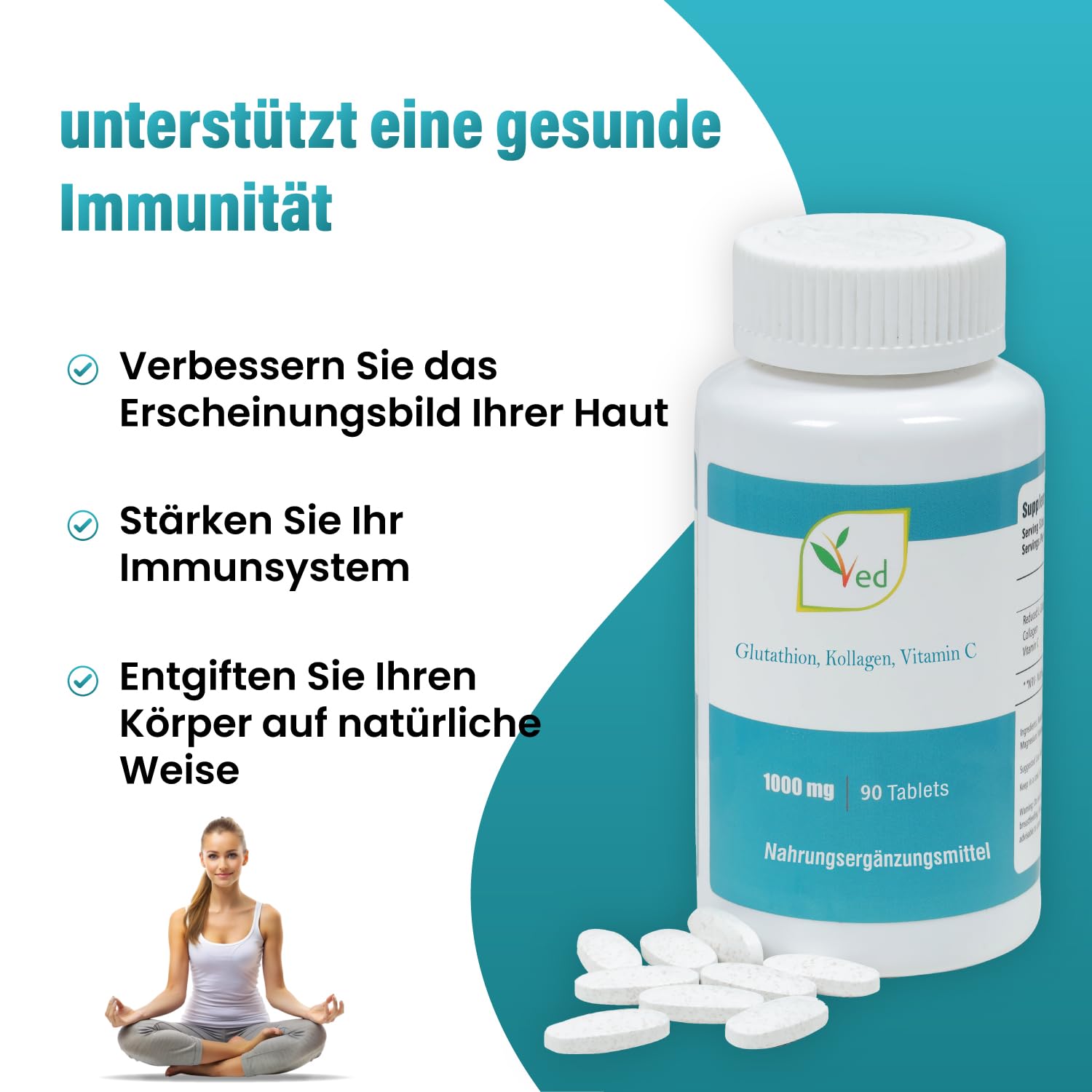 VED Reduziertes L-Glutathion, Kollagen, Vitamin C Tabletten | 1000 mg x 90 Tabletten