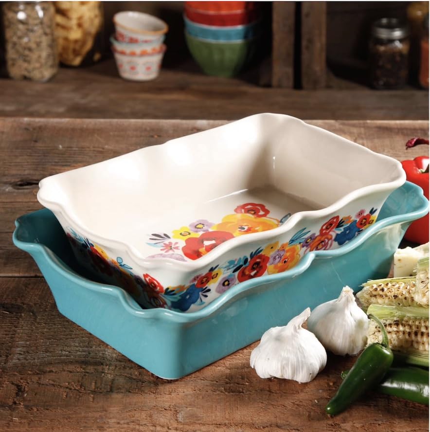 Pioneer Woman Flea market 2-Piece Rectangular Ruffle Top Ceramic Bakeware Set Casserolla Peach Cobbler Apple Pie Dish.