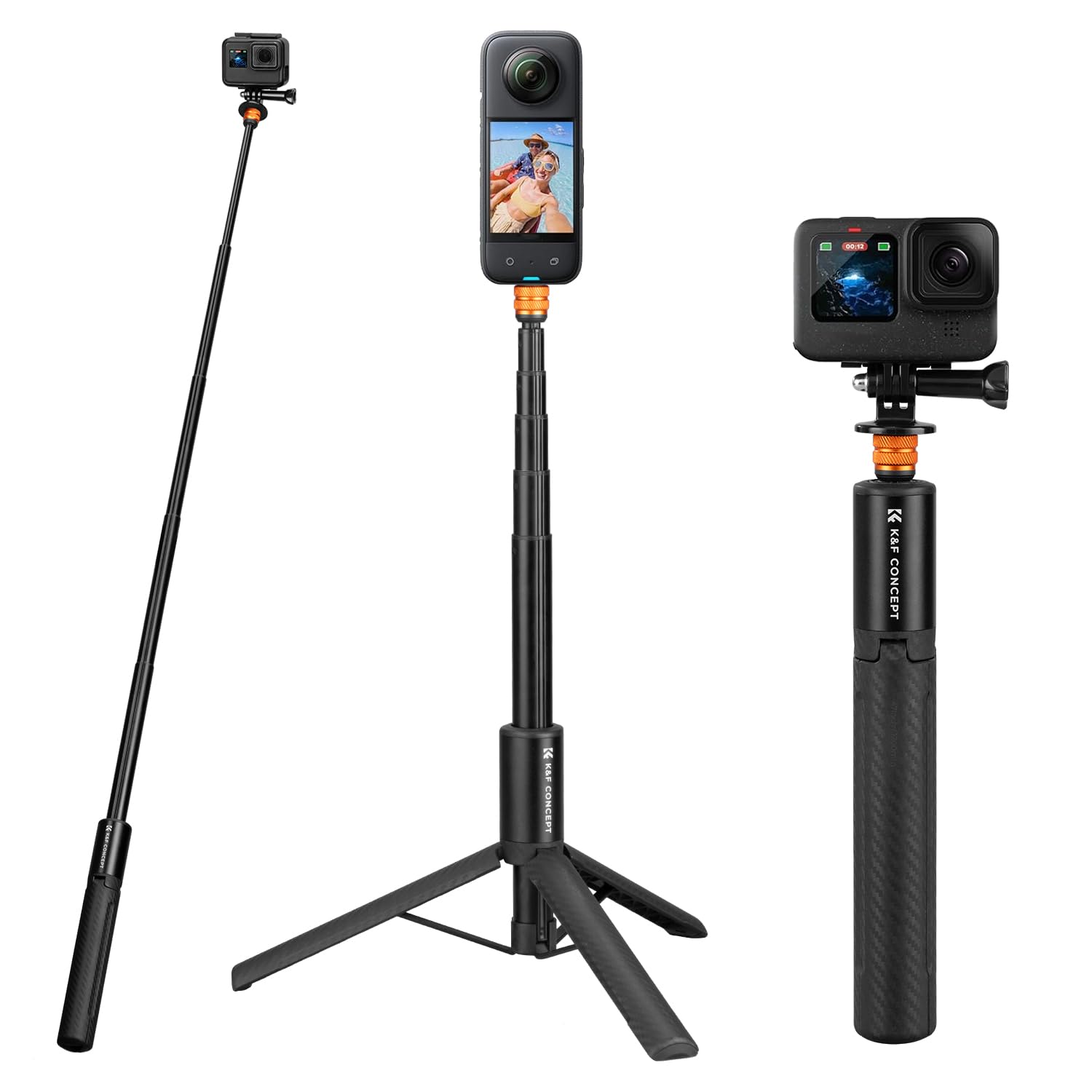 K&F CONCEPT MS21 Selfie Stick Stativ, 120 cm Insta360 Selfie Stick, Unsichtbarer Selfie-Stick mit Adapter,Ausziehbar Selfiestick für Insta 360 X5//X4/X3/Ace Pro, Osmo Pocket 3/4, Action Kamera Zubehör