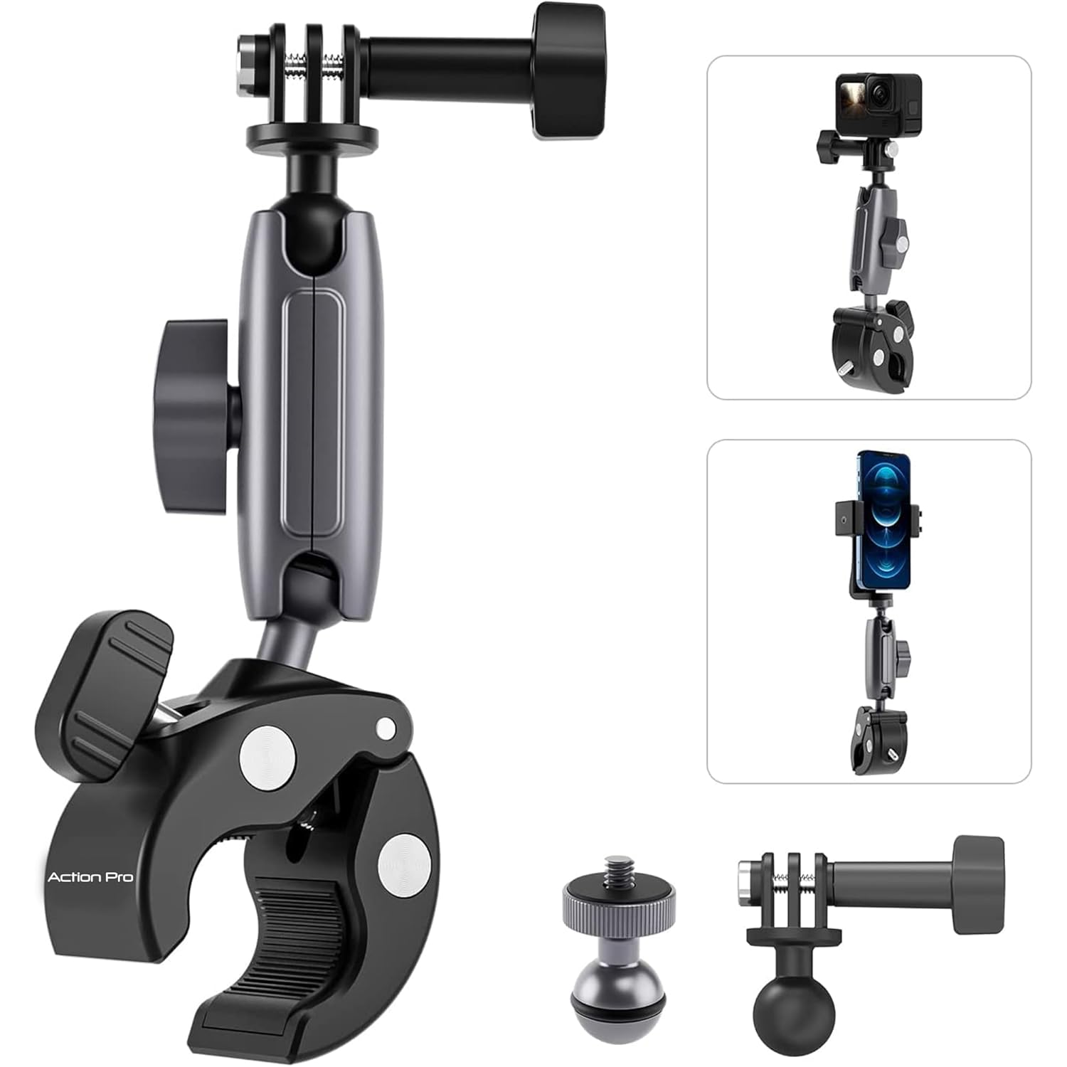 Action Pro Camera Clamp Handlebar Bike Mount 360° Double Ballhead Magic Arm with 1/4″-20 Thread for Motorcycle Monitor Canon Nikon DSLR/GoPro/LED Lights/Ronin-M/Ronin MX/Freefly (Clamp)