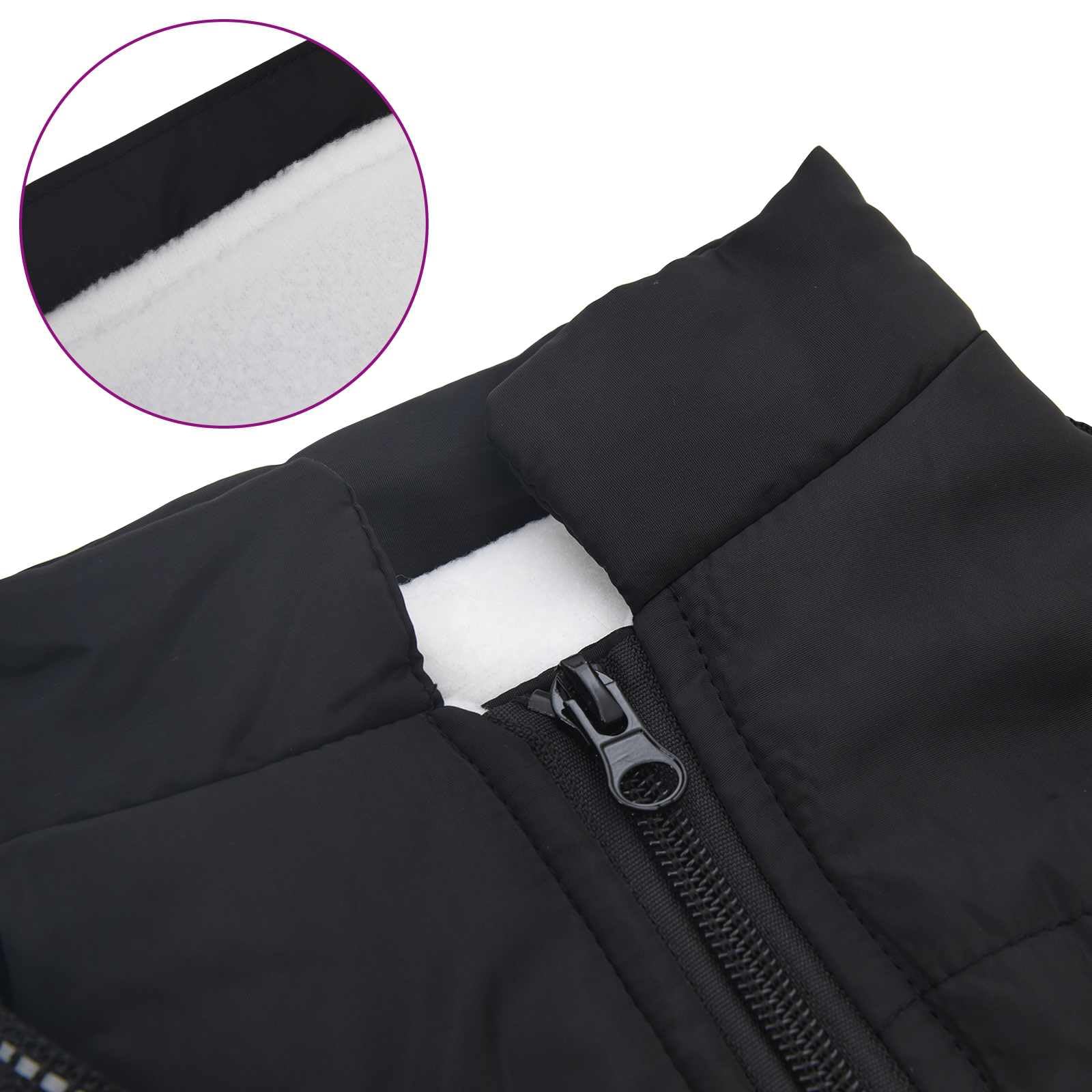 Cappotto per cani nero L28 in pile e poliestere con design riflettente, imbracatura regolabile e doppi anelli a D per protezione dal freddo e dal vento durante le passeggiate all'aperto in