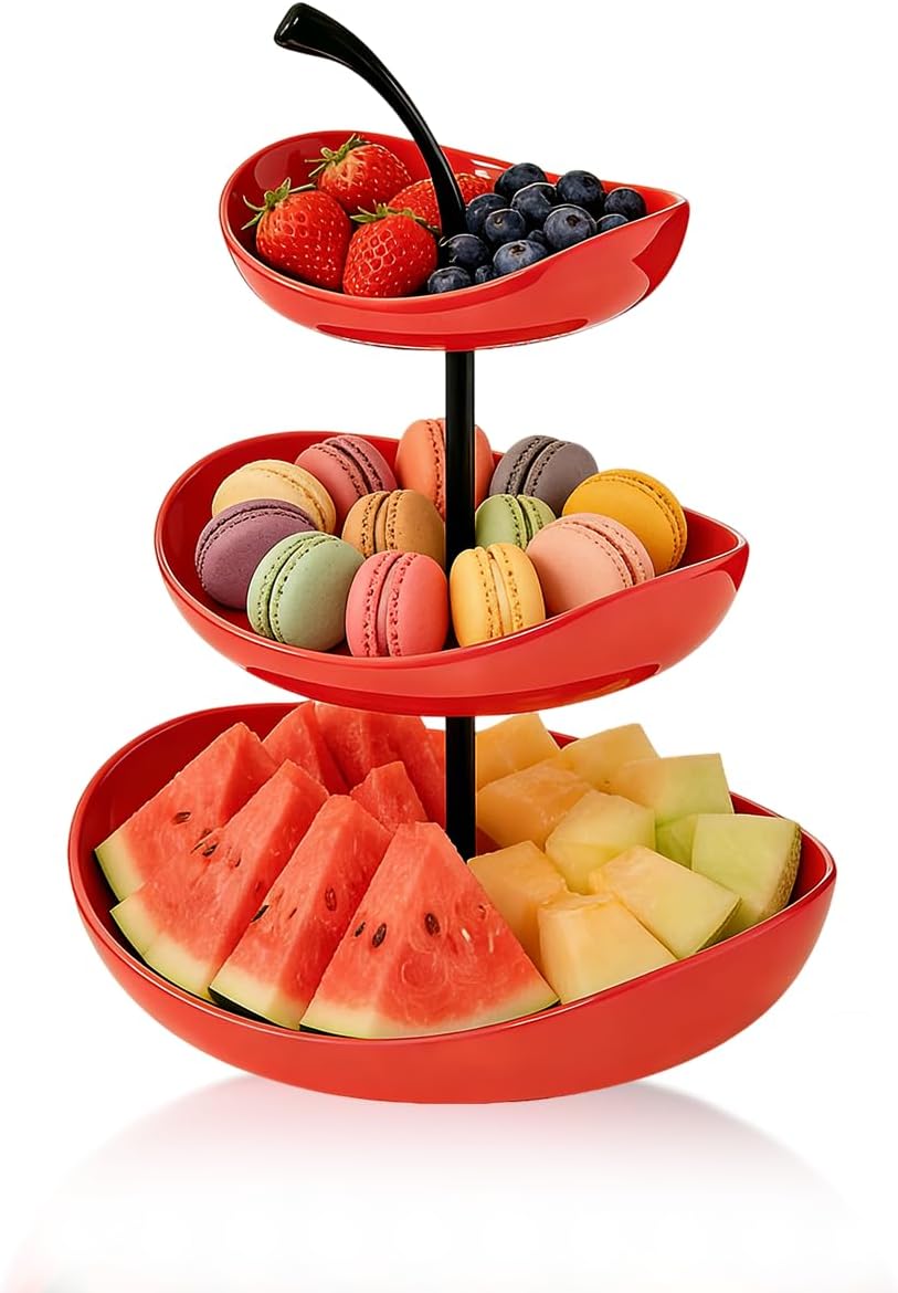 3-Tier Party Serving Tray, Ceramic Fruit Tray, Layer Snack Tray, Tiered Tray Stand, Red Dessert Stand, Suitable for Living Room Coffee Table Snack Trays, Pastry Dish, Beauty Salon