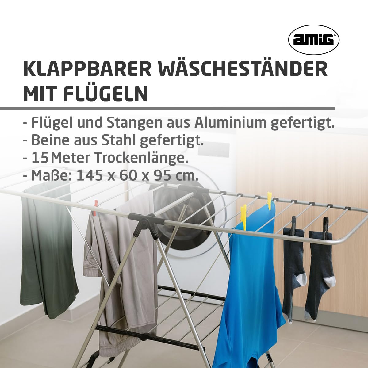 Amig - Klappbarer Wäscheständer mit Flügeln Mod. Aeria UrbanDry - Aluminium und Stahl - Wäschetrockner - Einfaches Auf- und Zusammenklappen - 15m Trockenfläche - 145x60x95 cm - Farbe Silber/Schwarz