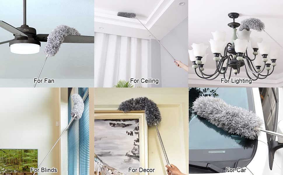 Image of 2-in-1 Microfiber Ceiling Duster with 100-Inch Extendable Pole, Anti-Scratch Bendable Head - Washable Long-Handle Cleaner for High Ceilings, Fans, Blinds & Cobwebs (Grey)