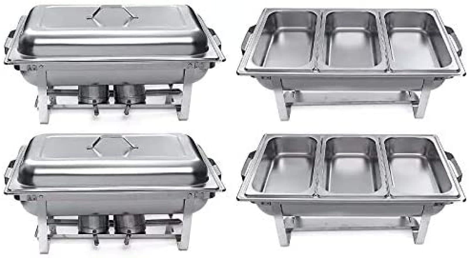 Juego completo de calentador de alimentos de acero inoxidable con bandeja de agua, bandeja de alimentos, soporte de combustible y tapa, tamaño completo con insertos de 1/3, 9 L