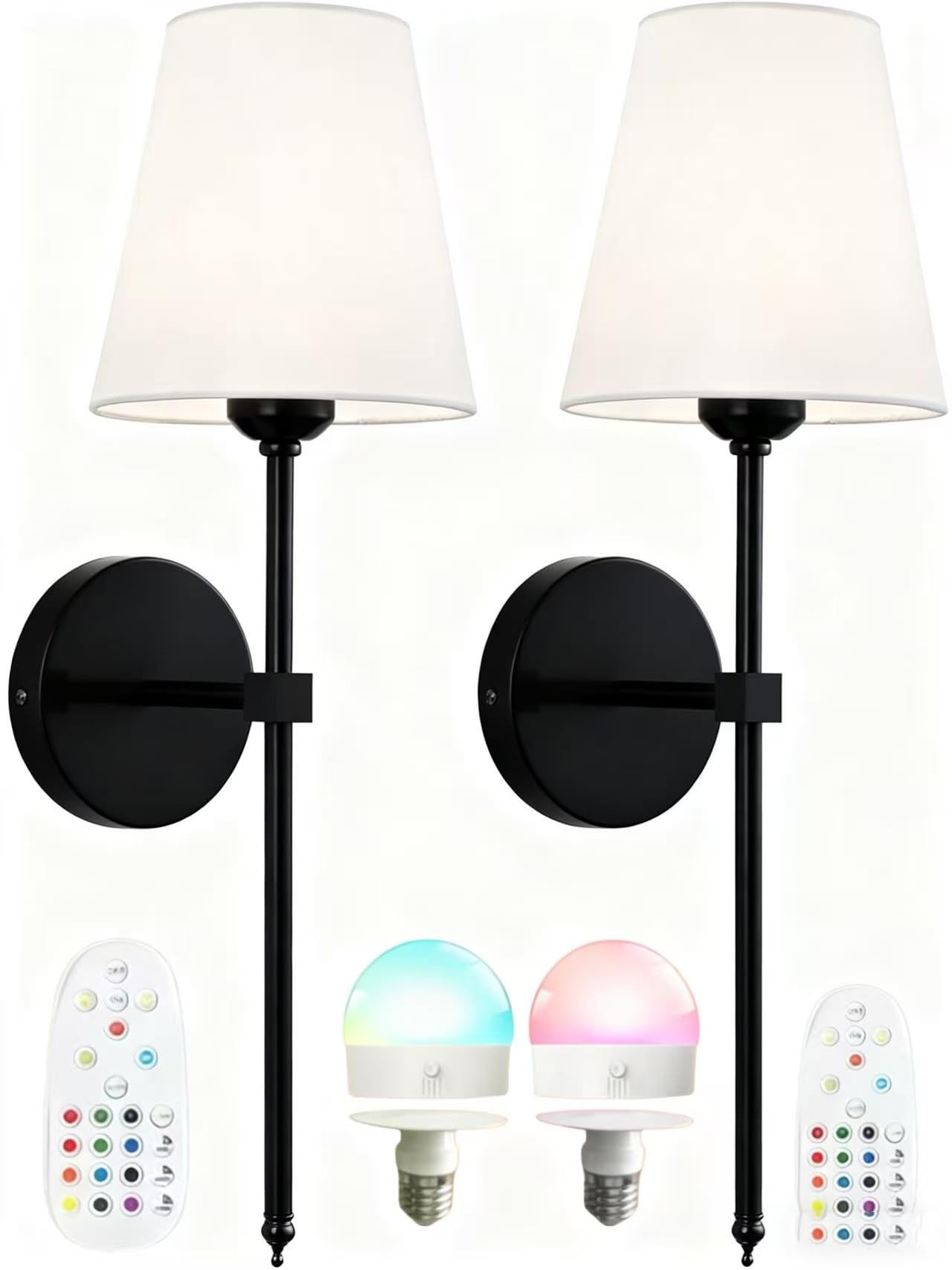 HELCEKOU Battery Operated Wall Sconce Set of 2, Rechargeable Lights Indoor, 3 Color Temperature Wireless Sconces, 12 RGB Colors Dimmable, with Charging Bulbs and Remote, Fabric Shade (Black)