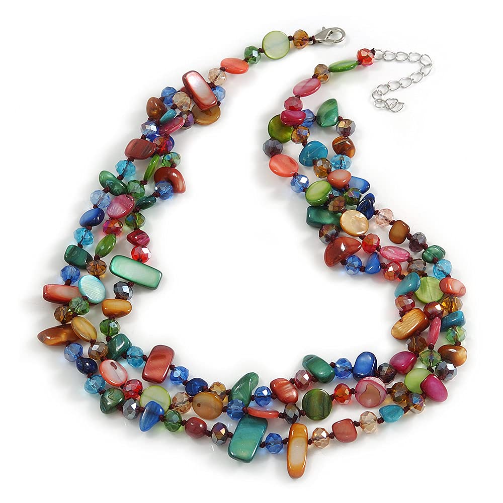 Avalaya Three Strand Multicoloured Shell Nugget and Crystal Bead Necklace with Silver Tone Closure/52cm L/ 5cm Ext