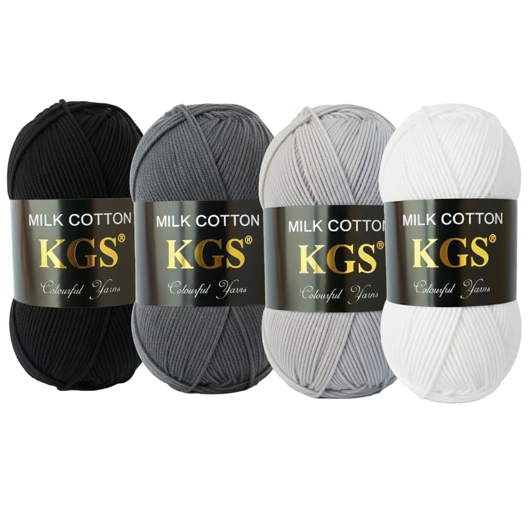 KGS Cotton Yarn Pack | Soft Cotton Blend Knitting Yarn | 4 × 50g Skeins (200g Total) | Smooth & Durable Craft Yarn for Knitting, Crochet & DIY Projects (Greyscale)