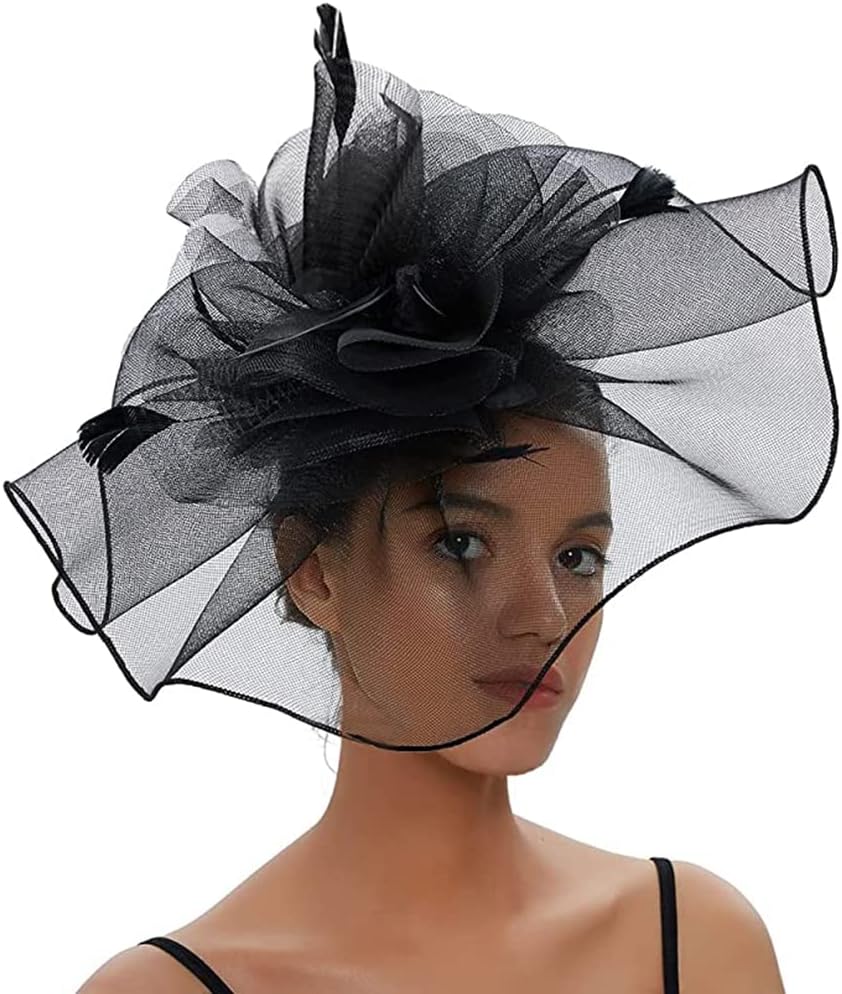 Women Fascinator Headband Pillbox Hat Big Flower Wedding Bridal Headdress Headpieces Race Ascot Hat Burlesque Feather Flapper Hair Accessory for Evening Cocktail Party Prom Church Hen Party