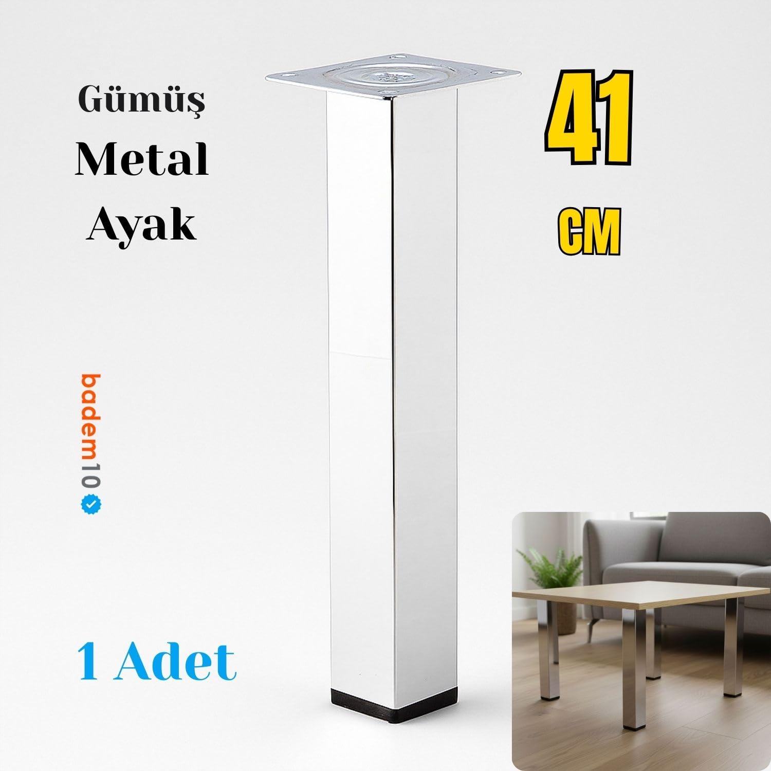 Kare Tablalı 41 cm Krom Gümüş 6 cm Çap Metal Sehpa Masa Ayağı Mobilya Destek Yükseltici Ayak