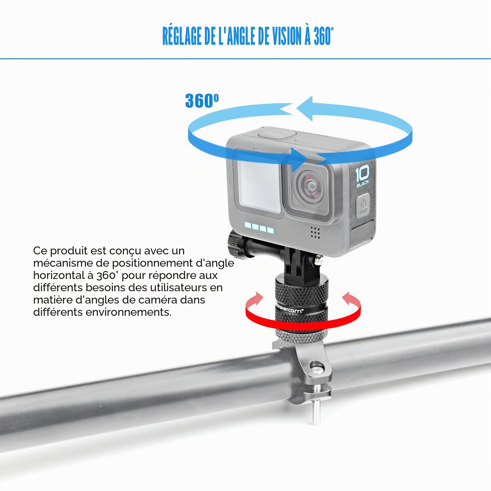 Forevercam-Support de caméra d’action en alliage d’aluminium pour guidon de vélo, rotation à 360 degrés, compatible avec diverses caméras