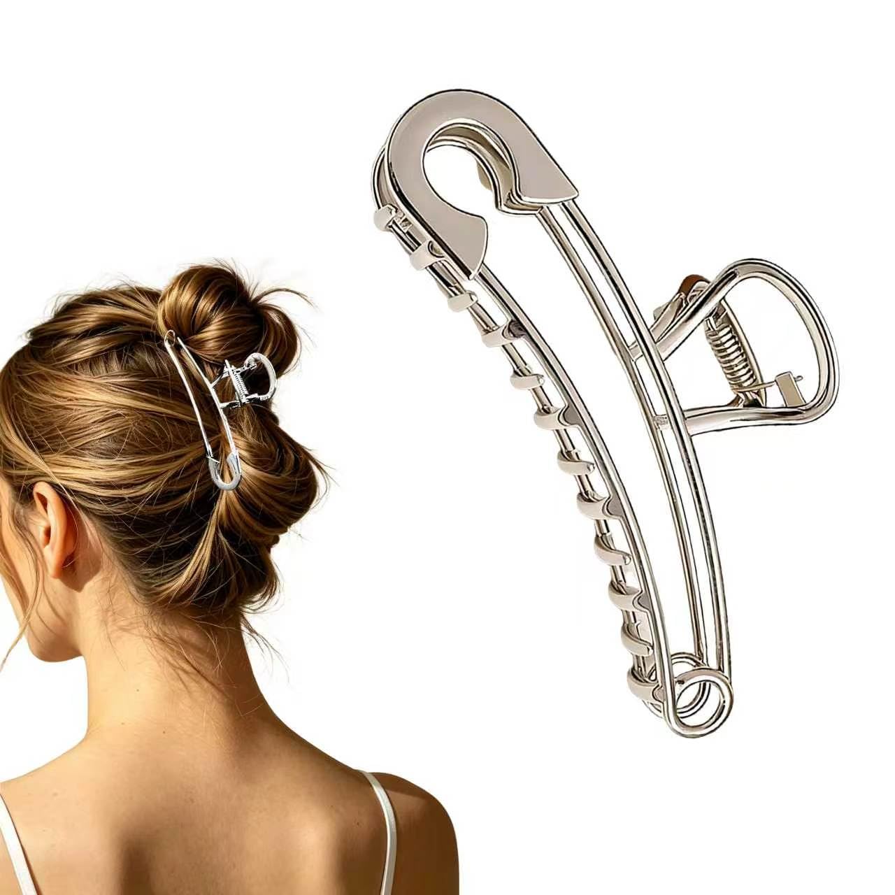Large Metal Hair Claw Clips 4.2 In Safety Pin Hair Clip for Thick Hair, Silver Metal Hair Clips-Strong Hold Non-Slip Hair Claw for Fashion Hair Styling Accessories for Women Girls(silver)