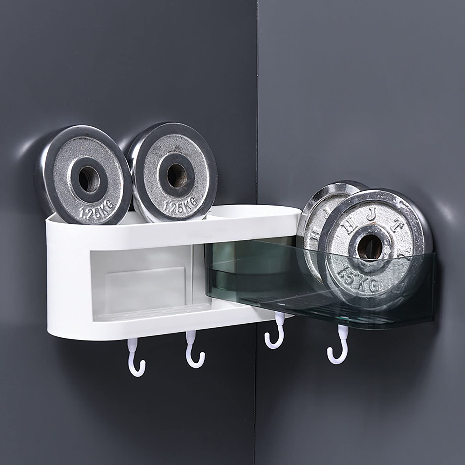 Estantes de baño exquisitos Estante de Esquina de baño Estante de baño Adhesivo con 4 Ganchos giratorios sin taladrar para Cesta de baño Almacenamiento de Cocina