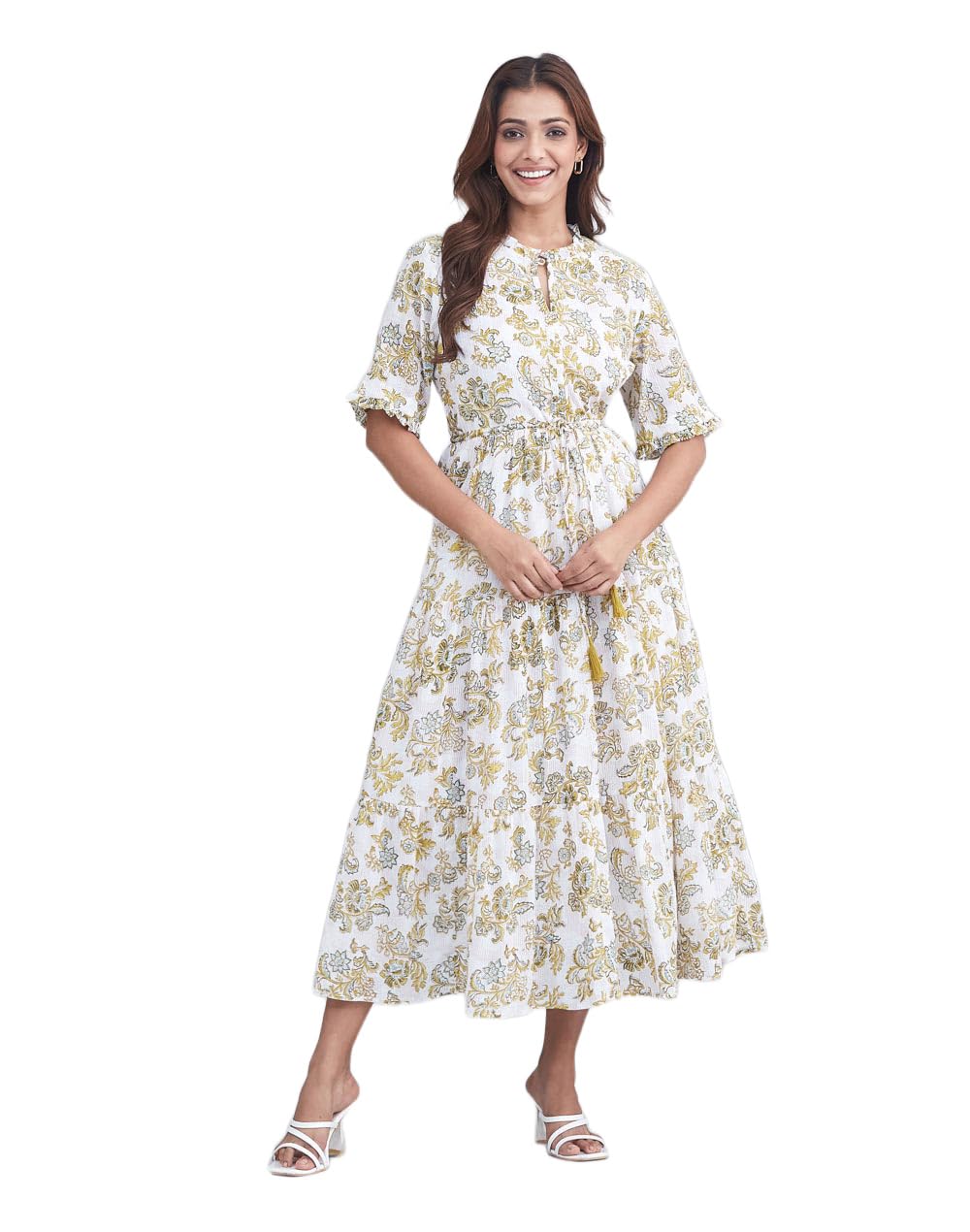 fabindia White Cotton Hand Block Printed Maxi Dress-picture-21