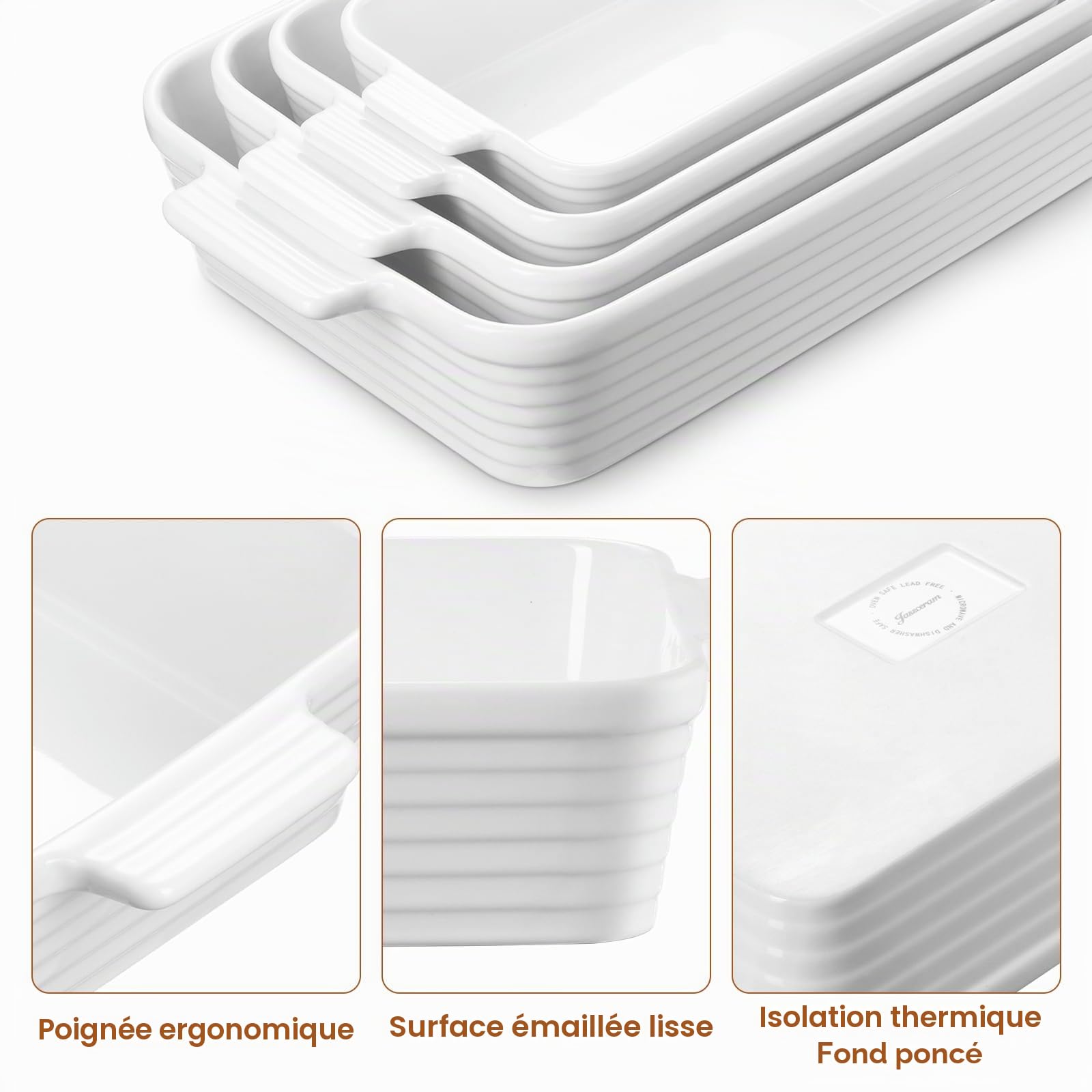 Jassceram Lot de 4 grands plats de cuisson rectangulaires profonds en céramique avec poignées - Passe au four - Pour brownie, banquet, macaroni et fromage (24,4 cm/29,2 cm/33,3 cm/38,6 cm)