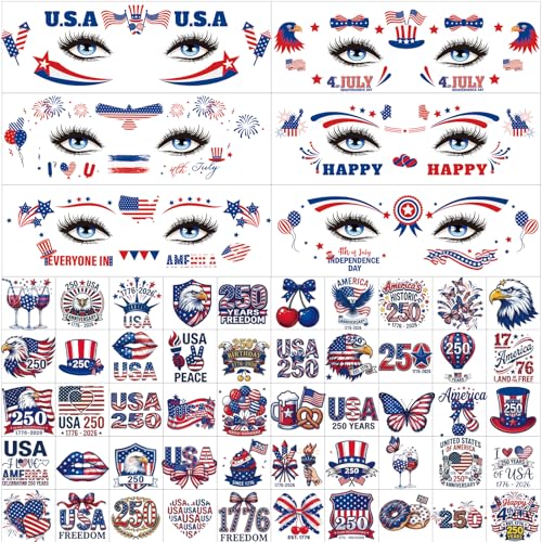 110+ PCS 4th of July Face Temporary Tattoos, 22 Sheets USA 250th Anniversary Merchandise Temporary Tattoos, Fourth of July Decorations Accessories For Memorial Day Independence Day Labor Day Supplies