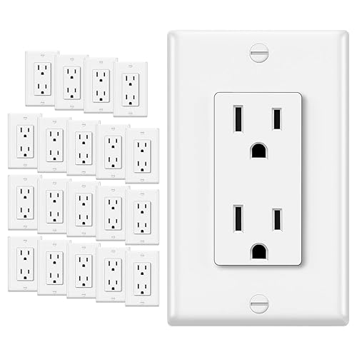 ELECTECK Paquete de 20 tomacorrientes eléctricos de pared decorador estándar, 15 A, 125 V, 2 polos y 3 cables, resistente a manipulaciones, placa de