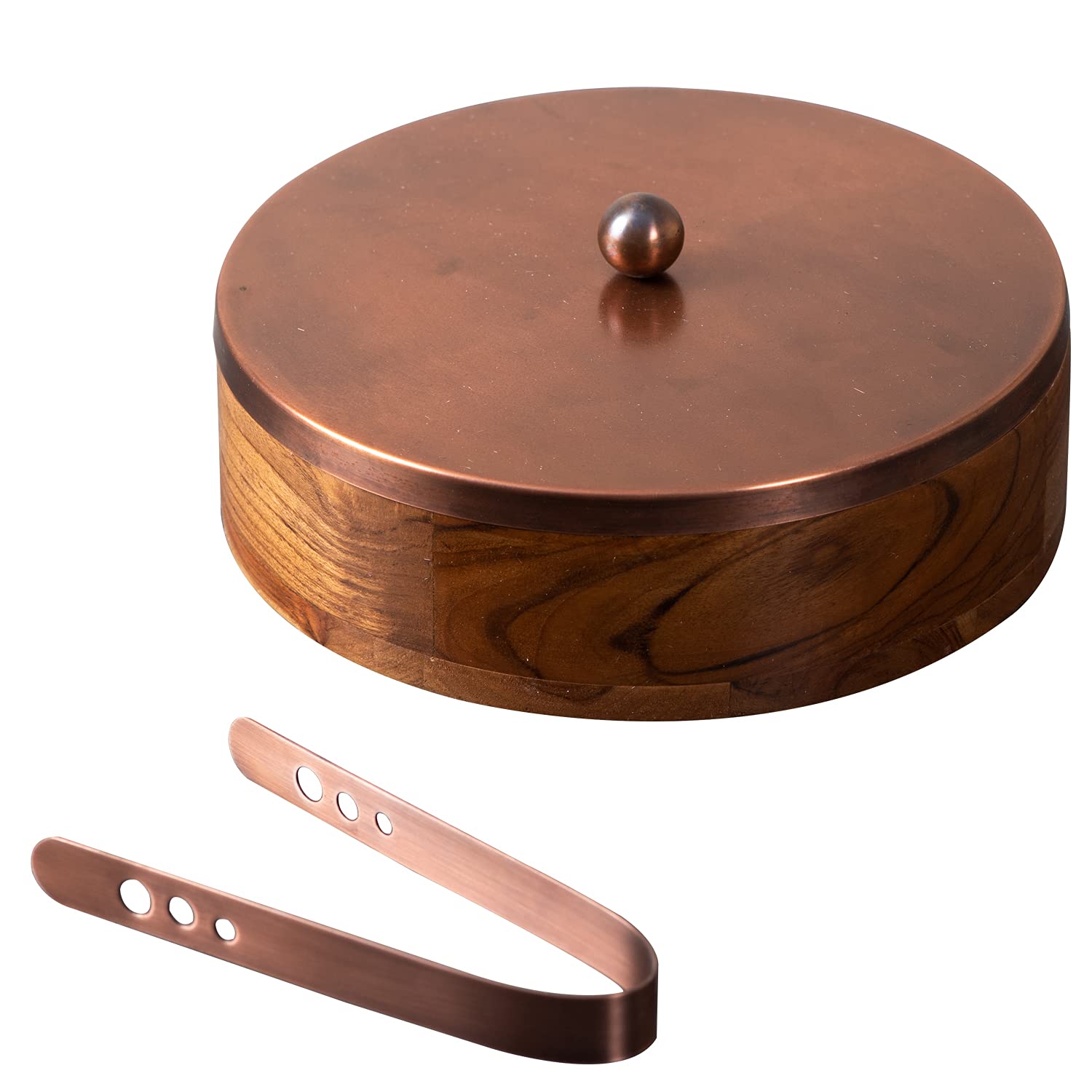 Nestroots Wooden Casserole for Roti | 9-Inch Hot Pot for Kitchen | Chapati Box with Stainless Steel Tong | Copper Finish Hot Case Roti Box for Fresh & Warm Roti | Durable & Stylish For Kitchen Storage