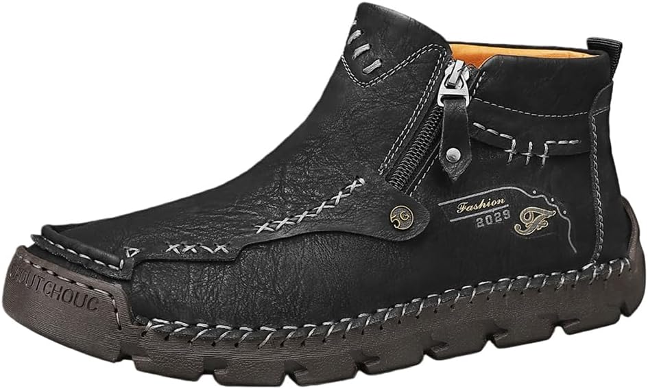 SWZEC Men's Motorcycle Boots Hand-Stitched Genuine Leather Boots