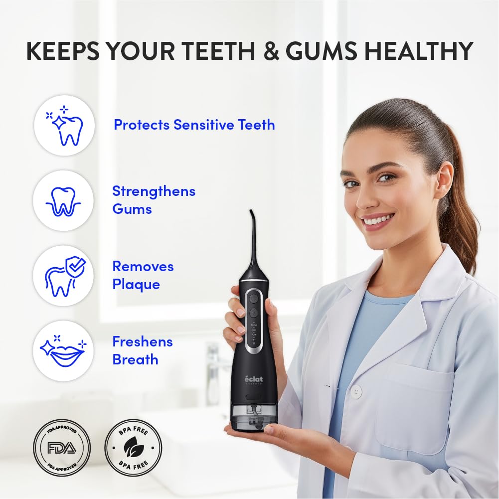 Éclat Irrigador dental eléctrico portátil impermeable para limpieza profunda de dientes, doble tanque de 320 ml, recargable por USB-C, carga de 30 días, 4 accesorios incluidos sin BPA (negro)