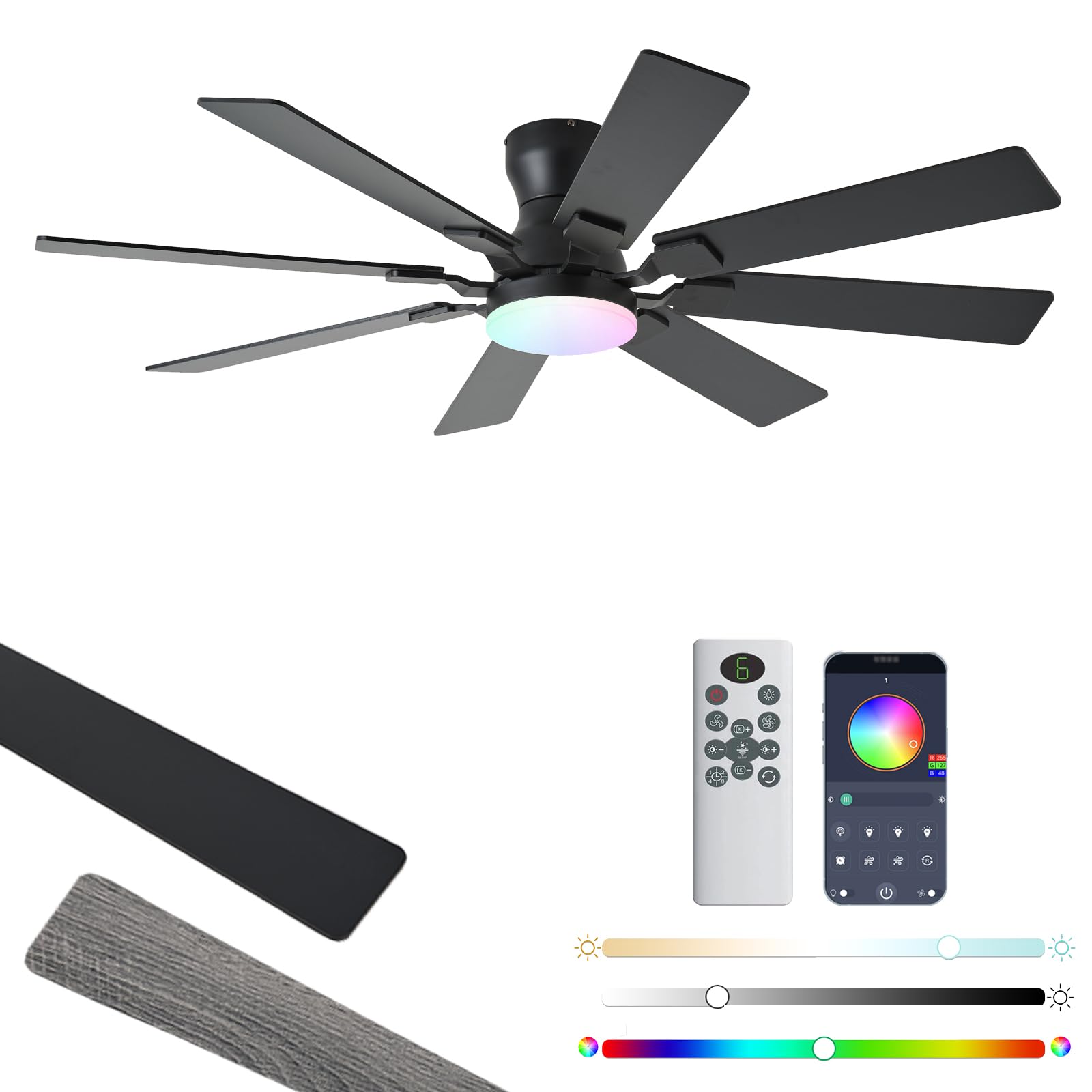 JSAITEE 52 inch Ceiling Fan with Light, 6 Speeds Reversible