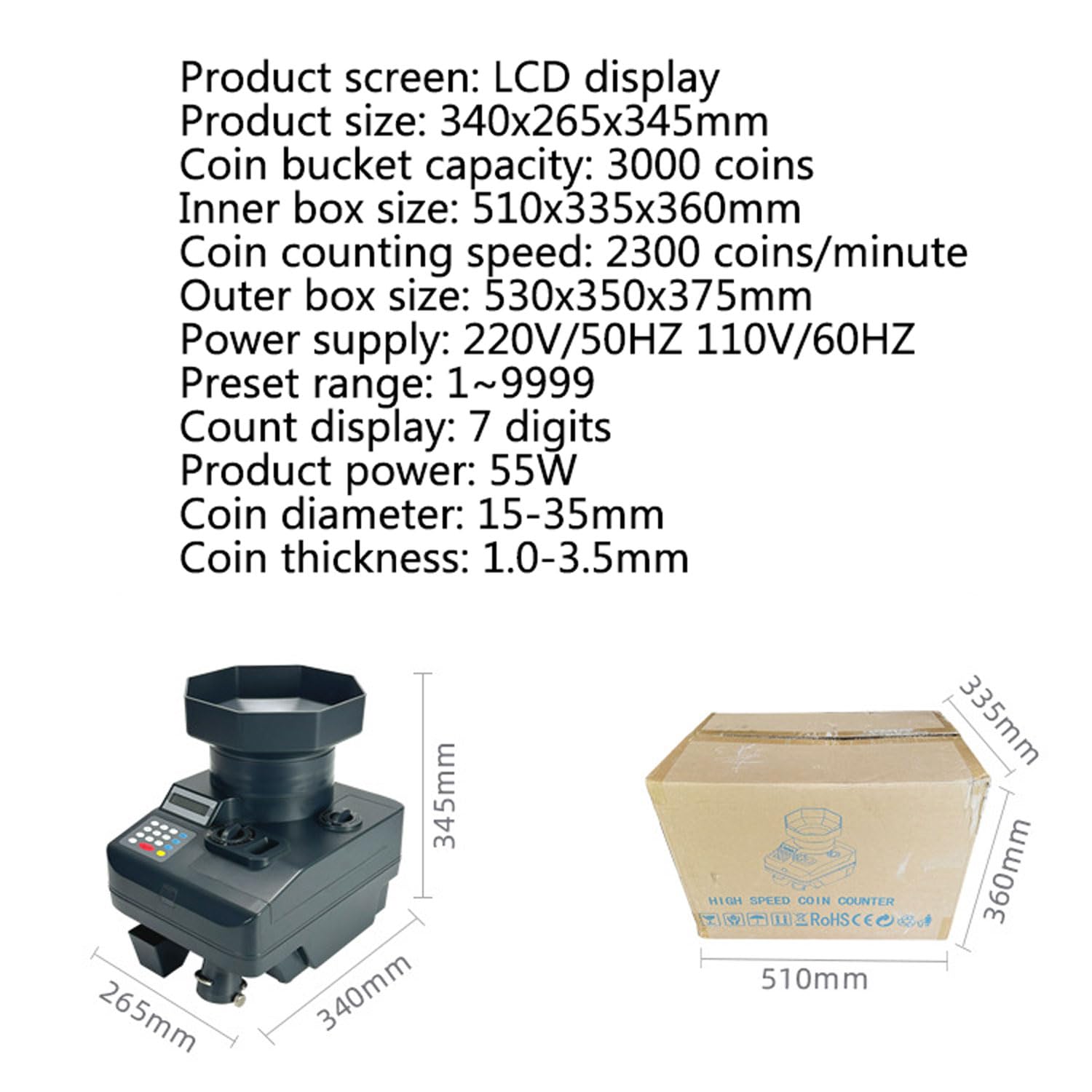 55 W Münzzähler-Sortiermaschine, 2300 Stück/min automatische Münzsortiermaschine mit 3000 Stück großer Kapazität, Münzdurchmesser 15 mm ~ 35 mm, Münzspender mit LCD-Display