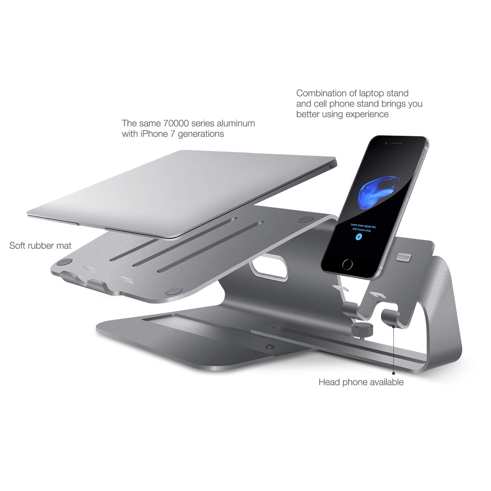 AIZYR Soporte Ergonómico para Portátil, Elevador para Portátil Bandeja De Soporte para Portátil con Soporte para Teléfono Y Ventilación Térmica para Todos Los Portátiles,Gris