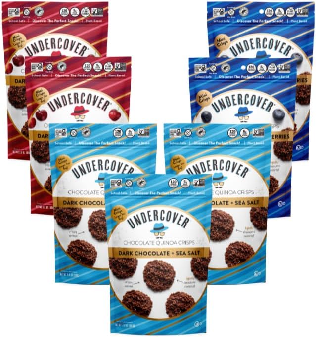 Undercover Snacks Chocolate Quinoa Crisps - Dark Chocolate Variety Sampler Pack | 7-Pack, 3oz Bags of Mini Crisps | Gluten Free, Nut-Free, Allergen Friendly, Kosher, Plant-Based