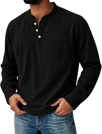 Mens Henley Neck Shirt Classic Distressed Long Sleeve Button Stand Collar Shirts Casual Washed Tops with Pocket