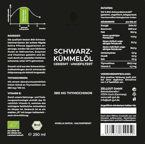 ZELLGUT© Bio SCHWARZKÜMMELÖL 250ml | rein, schonend kaltgepresst, GEKEIMT & nativ | aus original ägyptischem Schwarzkümmel | Frischegarantie: direkt vom Hersteller | 380 mg THYMOCHINON
