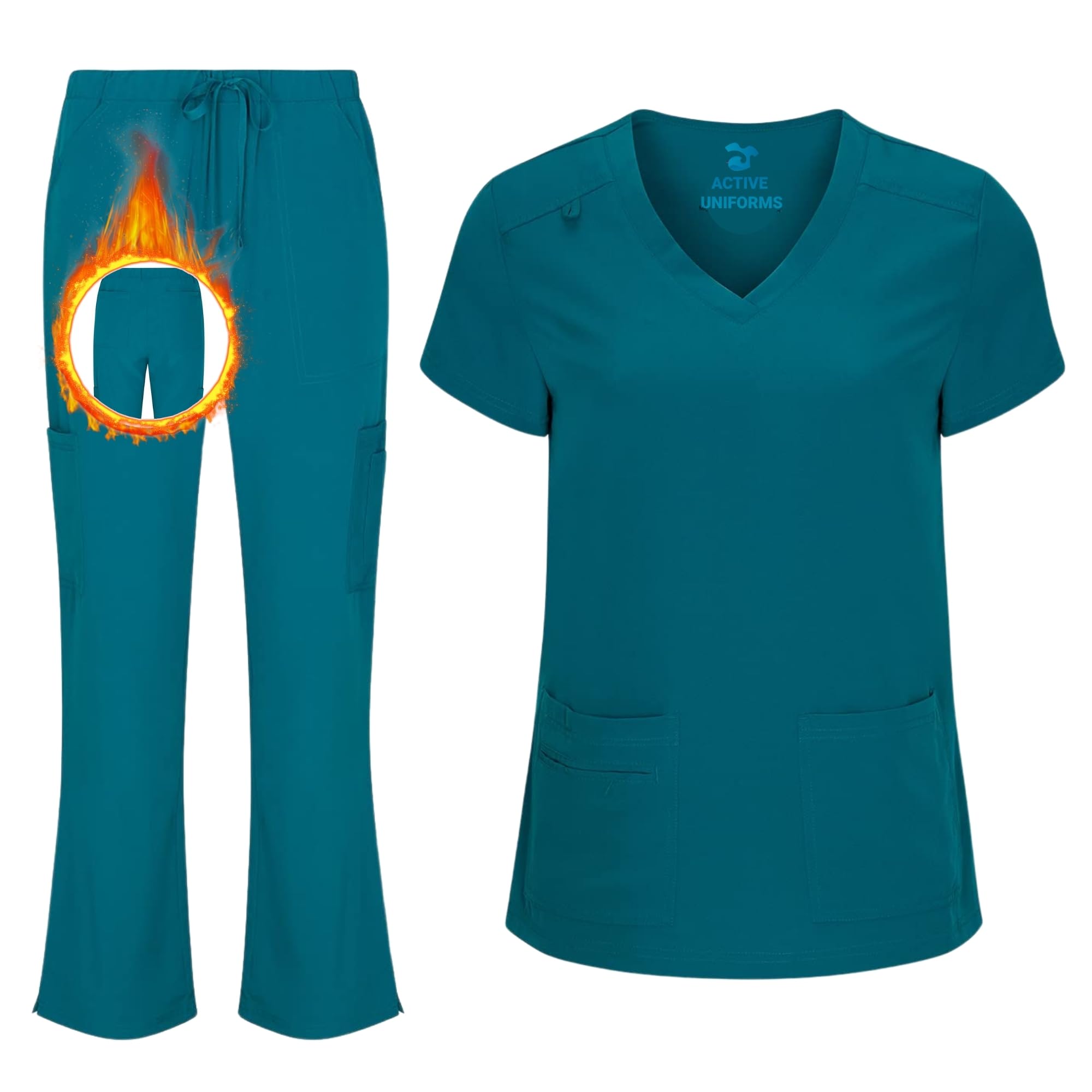 ACTIVE UNIFORMS Women's Cool Stretch V-Neck Top and Cargo Pant Scrub Set with Regular and Petite Sizes