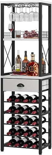 Homeiju Estante de vino independiente para piso, gabinete de bar para licor y vasos, gabinete de barra de 4 niveles con mesa, soporte para vidrio,