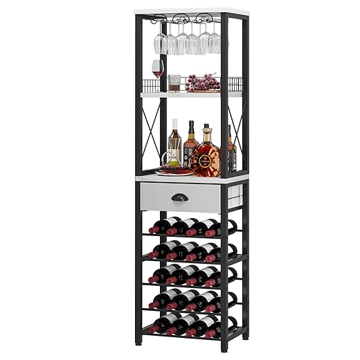 Homeiju Wine Rack Freestanding Floor, Bar Cabinet for Liquor and Glasses, 4-Tier bar Cabinet with Tabletop, Glass Holder, Storage Drawer and Wine Storage for Living Room (Patent No.D29872845)