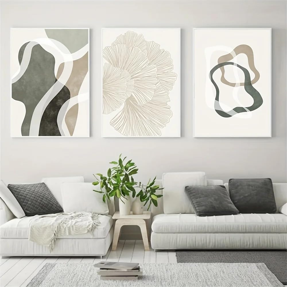 GOSRD Abstract Ginkgo Leaf Canvas Prints Art Bohemian Beige Green Line Drawings Minimalist Poster Vintage Wall Decor(50x75cm-3Pcs)