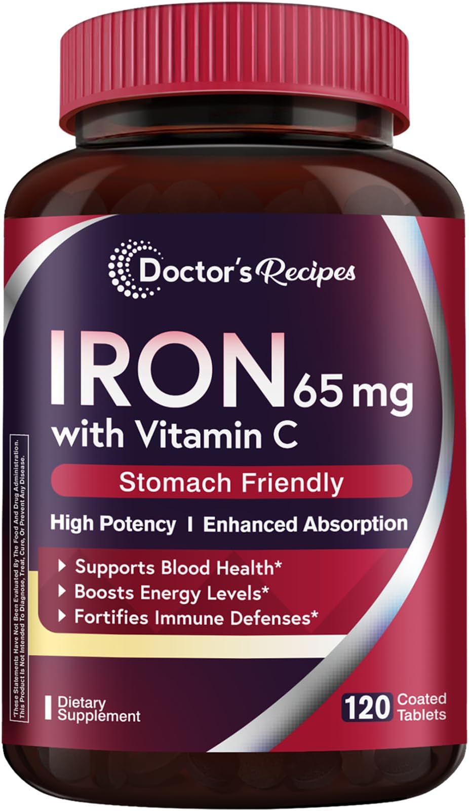 Doctor's Recipes Iron Supplement 65 mg with Vitamin C - Maximized Absorption & Stomach Friendly Iron Pills for Red Blood Cells Formation, Heart, Brain & Immunity Health - Vegan Non-GMO 120 Iron Tabs