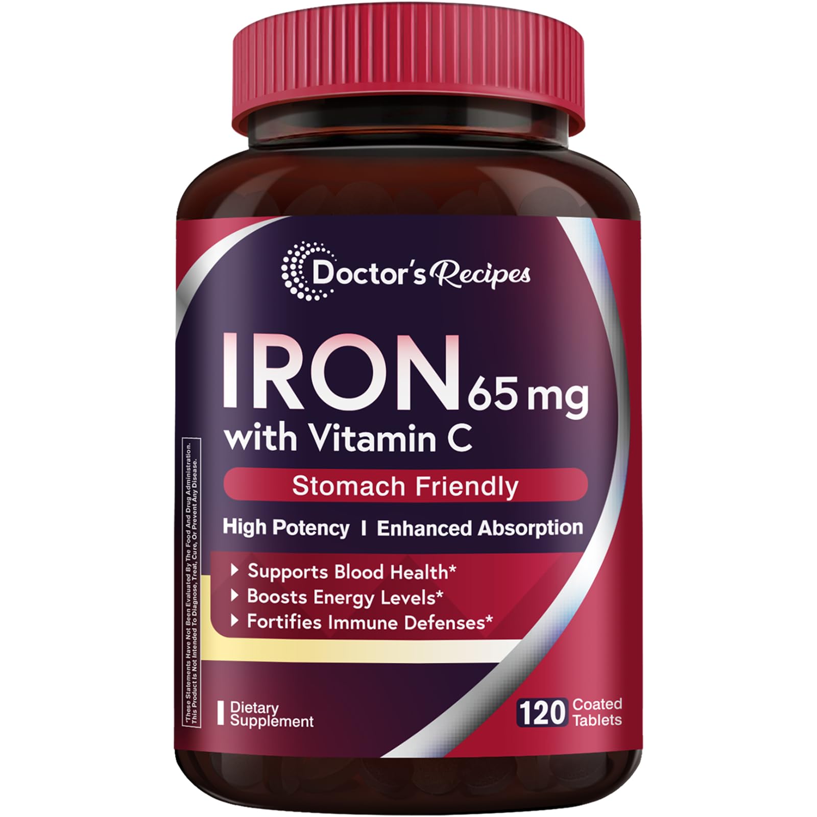 Doctor's Recipes Iron Supplement 65 mg with Vitamin C - Maximized Absorption & Stomach Friendly Iron Pills for Red Blood Cells Formation, Heart, Brain & Immunity Health - Vegan Non-GMO 120 Iron Tabs