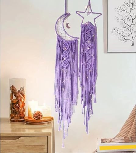 Atrapasueños morados, estrella y luna, atrapasueños para decoración de habitación, macramé, atrapasueños para niñas, adolescentes, decoración de