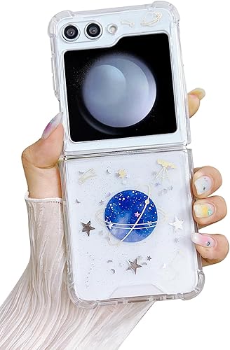 Compatible con Samsung Galaxy Flip 5 Funda transparente para mujeres y niñas, TPU suave, planeta, espacio brillante, a prueba de golpes, funda