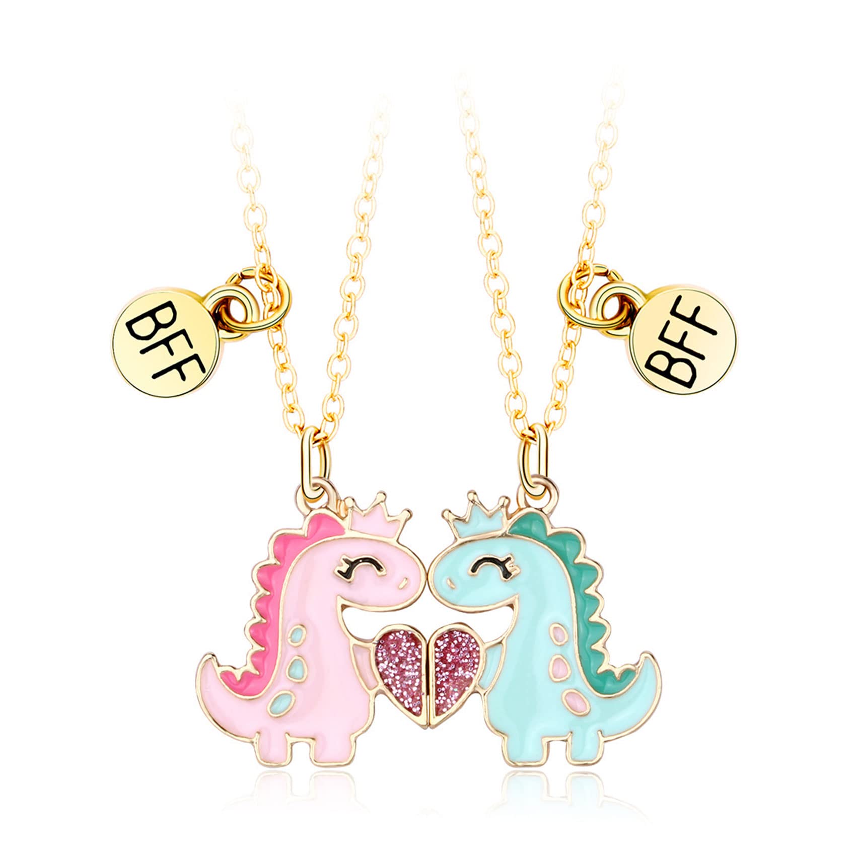 CERSLIMO Best Friend Necklace, Bff Necklace for 2 Girls, 2 Pcs Best Friend Necklaces for Kids, Magnetic Pink & Blue Dinosaur Pendant Necklace Friendship Gifts for Birthday xmas, Gold (N066-21)