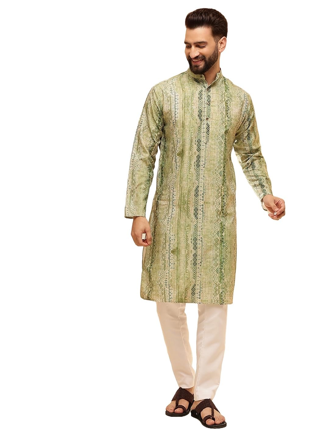 sojanya (Since 1958 Men's Cotton Silk Green Print Kurta with White Pyjama-picture-40