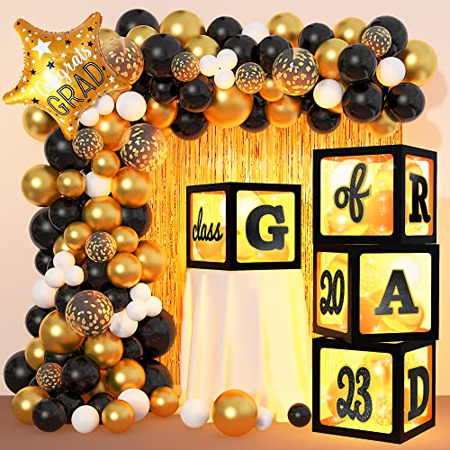 Roberly 138Pcs Graduation Party Decorations Class Of 2023 Black And Gold Balloon Arch Garland Kit With 4Pcs Balloon Boxes With Lights And Foil Fringe Curtains For School 2023 Graduation Party Supplies #TOP4