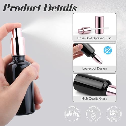 Miniatura 3 de Paquete de 6 botellas de vidrio negro de 1.7 fl oz1.7 onzas, botella vacía de niebla fina, atomizador de perfume recargable con rociador de oro rosa